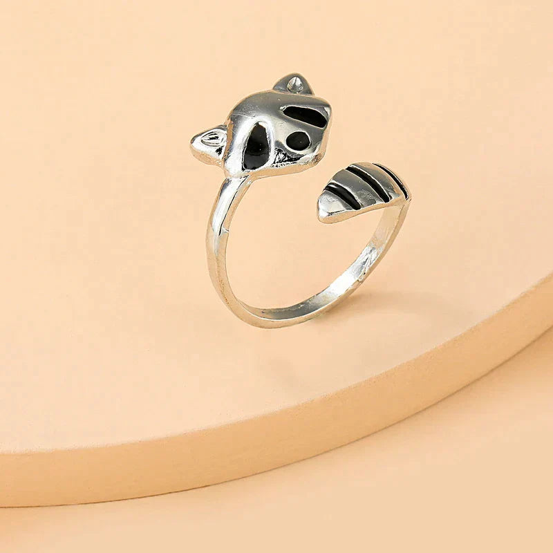 Bague réglable en forme de raton laveur en argent sterling 925