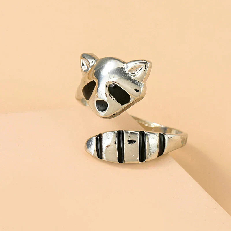 Bague réglable en forme de raton laveur en argent sterling 925