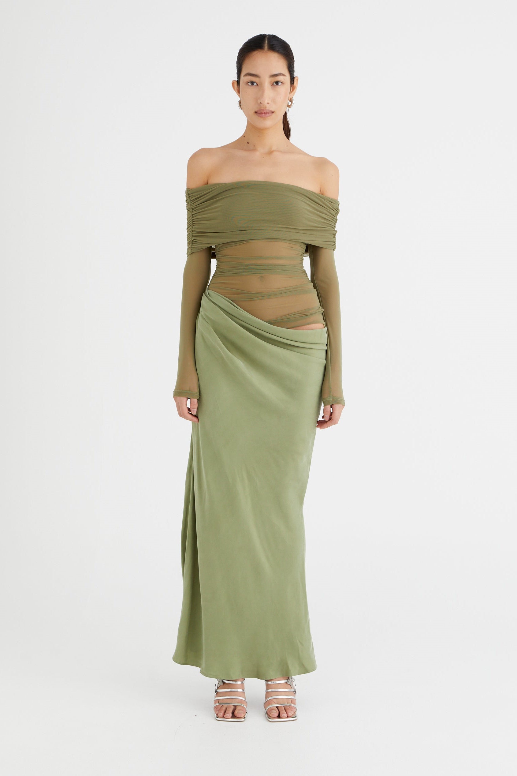 Lillian – Schulterfreies, transparentes Maxi-Netzkleid