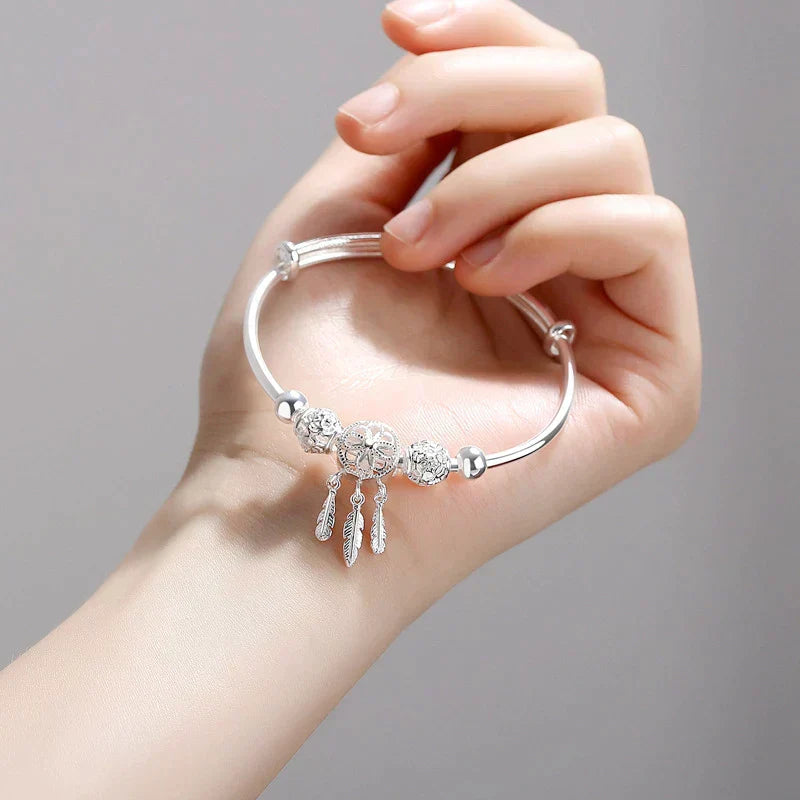 Bracelet réglable avec pendentifs à trois feuilles en argent sterling 925