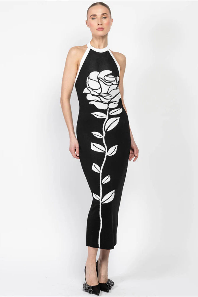 Darlene Neckholder-Midikleid aus Strick mit Blumenmuster und offenem Rücken
