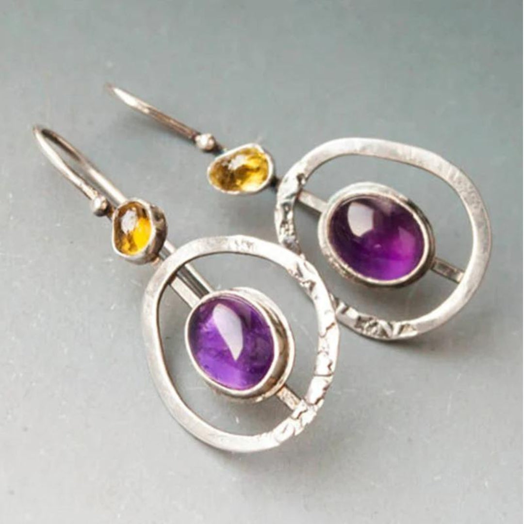 Boucles d'oreilles bohèmes rondes avec améthyste en argent