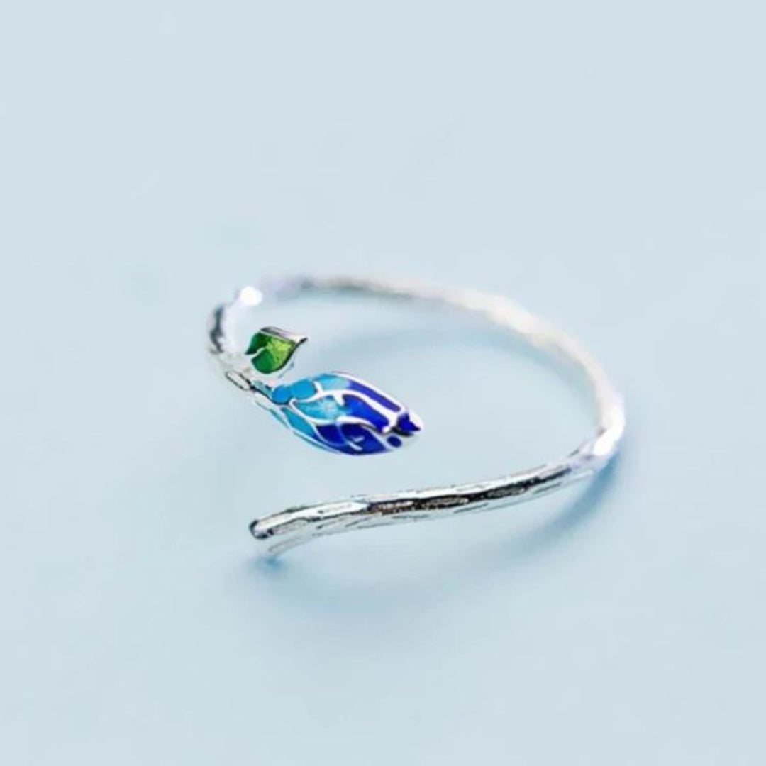 Bague feuille réglable avec émail bleu et vert sur argent sterling