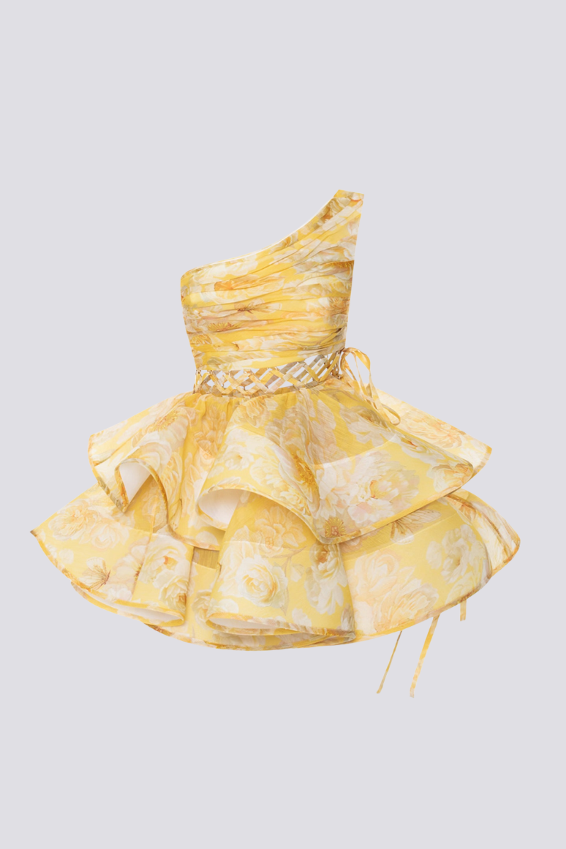 Cora One-Shoulder-Minikleid mit Rüschenausschnitt in Gelb