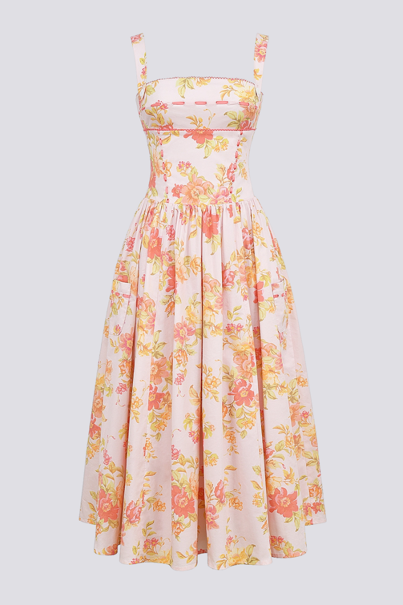Cybèle – Pfirsichfarbenes Midikleid mit Mohndruck