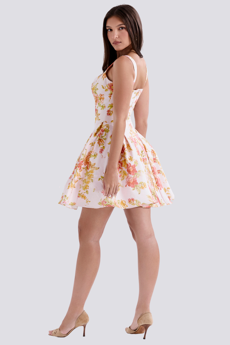 Cynthia – Pfirsichfarbenes Minikleid mit Mohnmuster