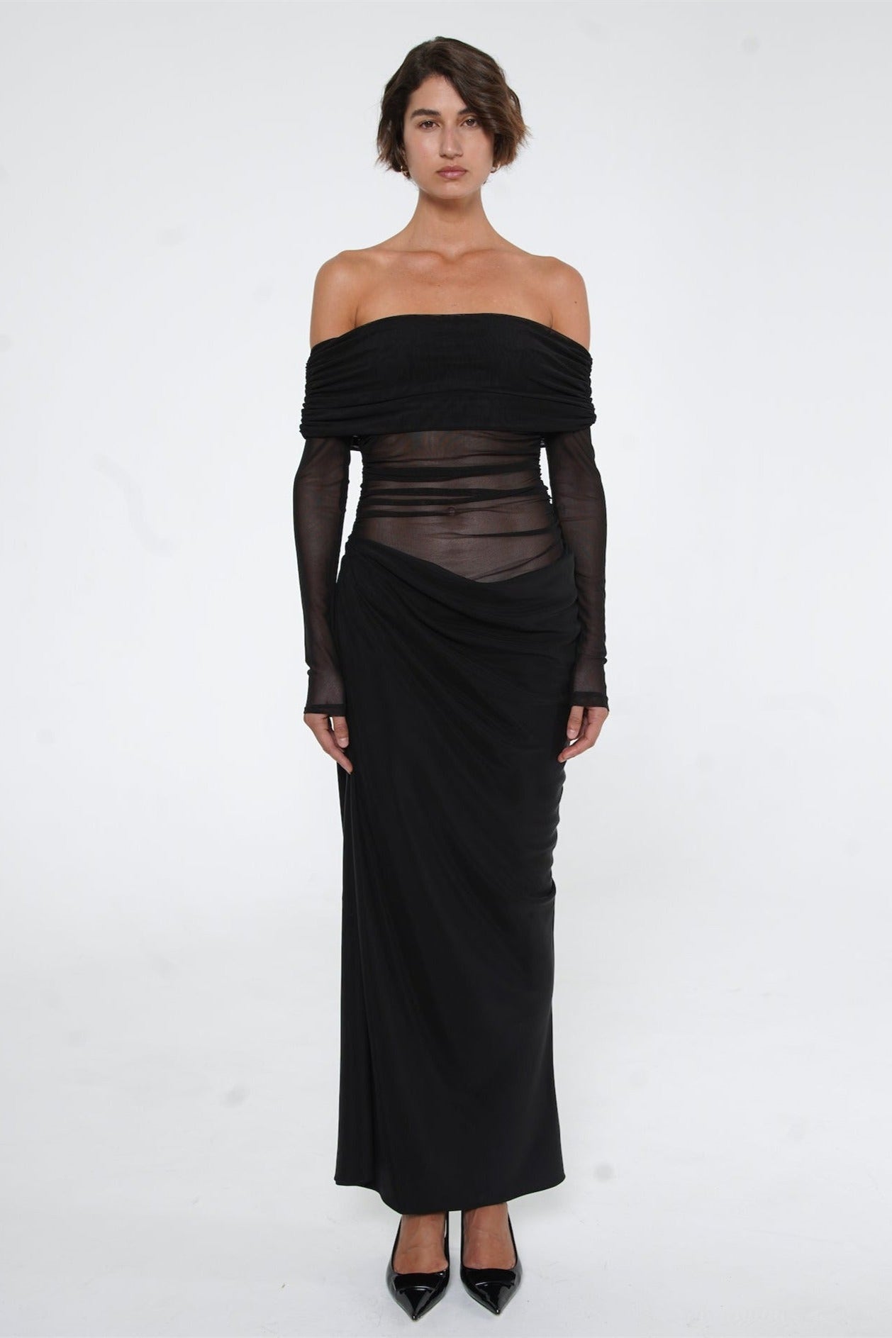 Lillian – Schulterfreies, transparentes Maxi-Netzkleid