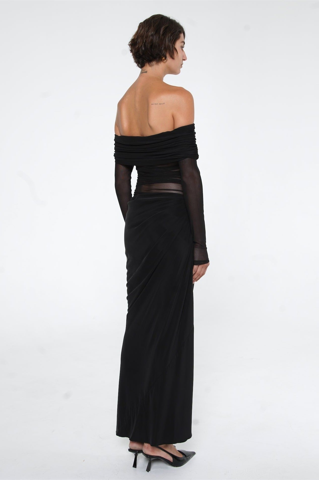 Lillian – Schulterfreies, transparentes Maxi-Netzkleid