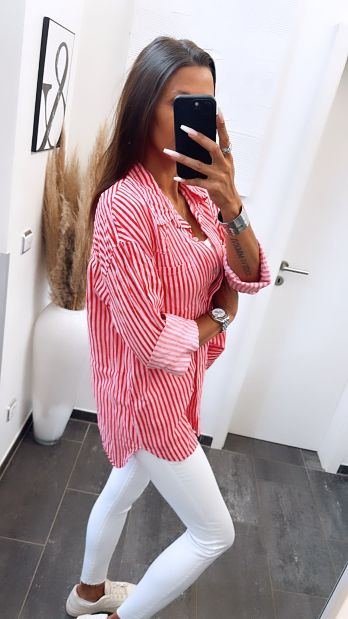 Baumwoll Bluse mit Brusttasche, gestreift / rot - pink Art. 6749