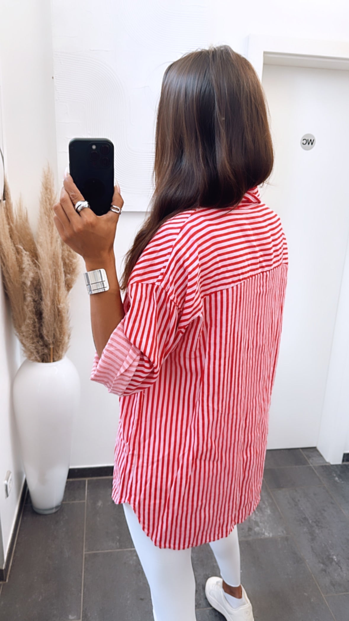 Baumwoll Bluse mit Brusttasche, gestreift / rot - pink Art. 6749
