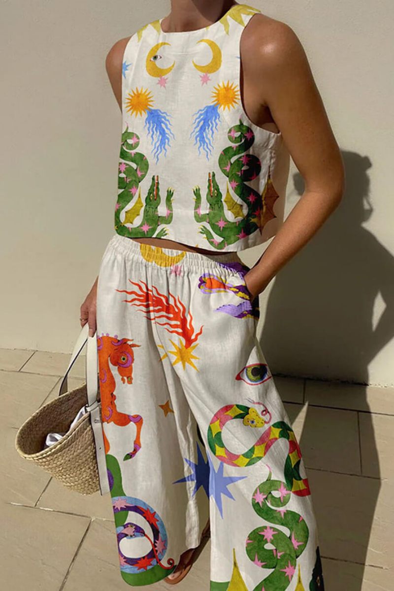 Ensemble débardeur avec imprimé unique en mélange de lin