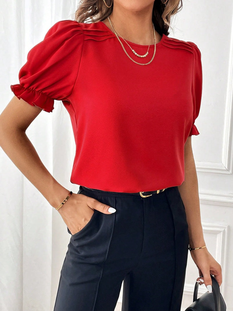 Bellachicha Pure-Color-Rundhals-Shirt-Top mit Temperament