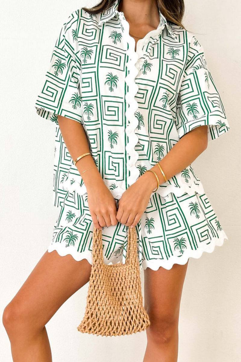 Hemdkragen Sommer Botanischer Druck Urlaub Freizeit Set