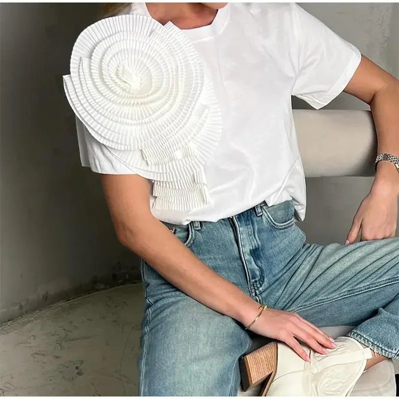 T-shirt Bellachicha élégant col rond fleur 3D
