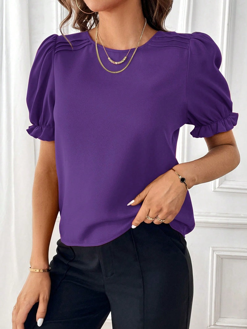 Bellachicha Pure-Color-Rundhals-Shirt-Top mit Temperament