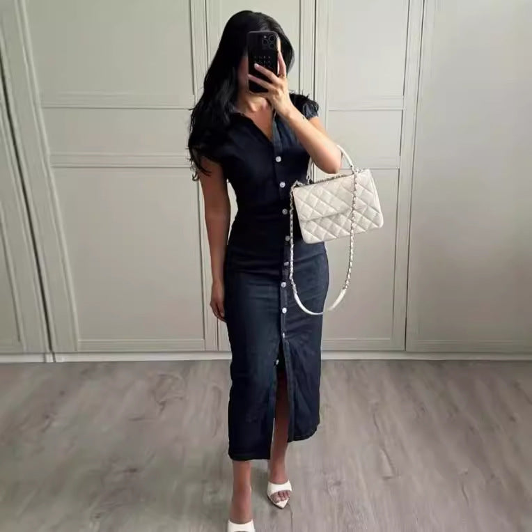 Midi Denim-Kleid mit Knopfdetails