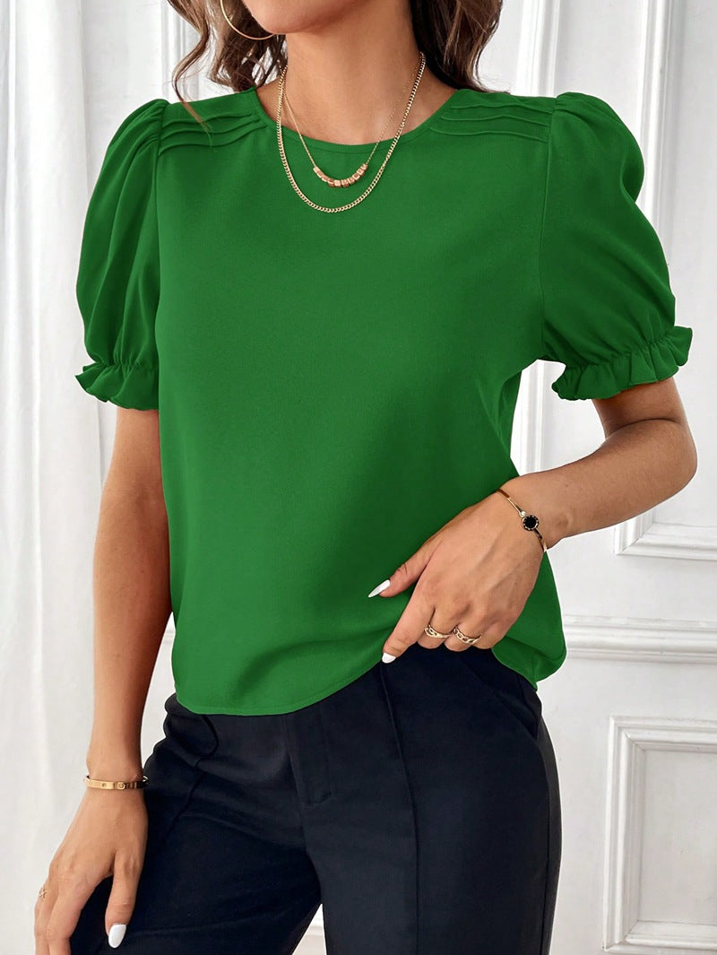 Bellachicha Pure-Color-Rundhals-Shirt-Top mit Temperament