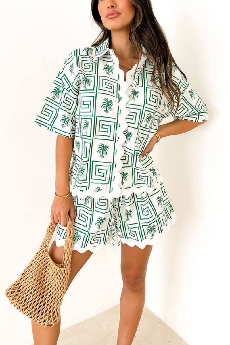 Hemdkragen Sommer Botanischer Druck Urlaub Freizeit Set