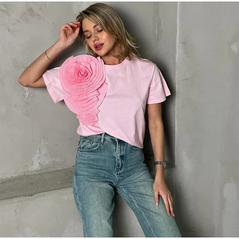 T-shirt Bellachicha élégant col rond fleur 3D