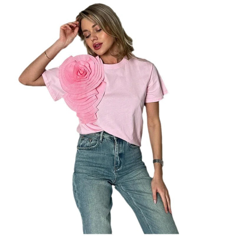 T-shirt Bellachicha élégant col rond fleur 3D