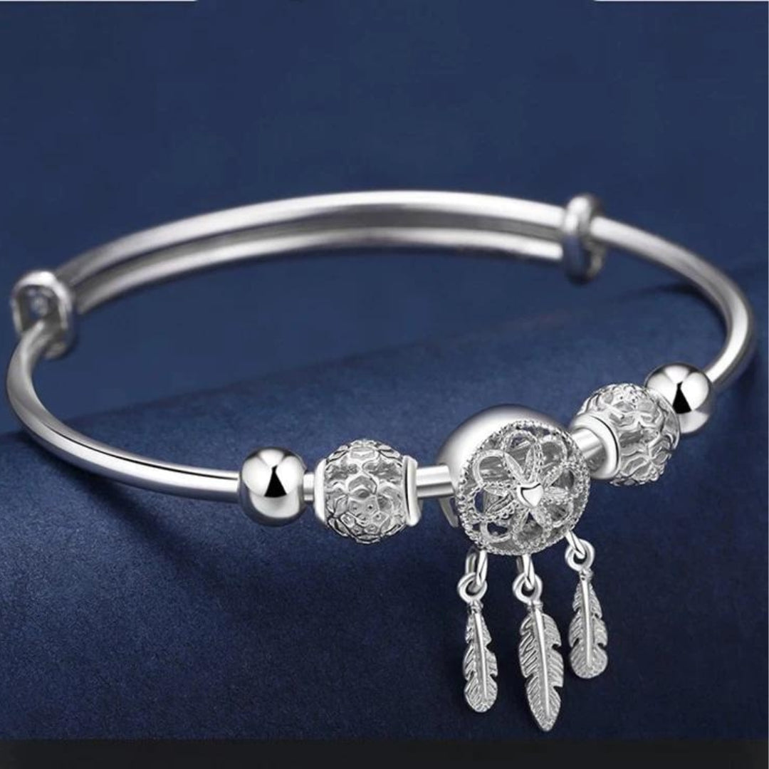 Bracelet réglable avec pendentifs à trois feuilles en argent sterling 925