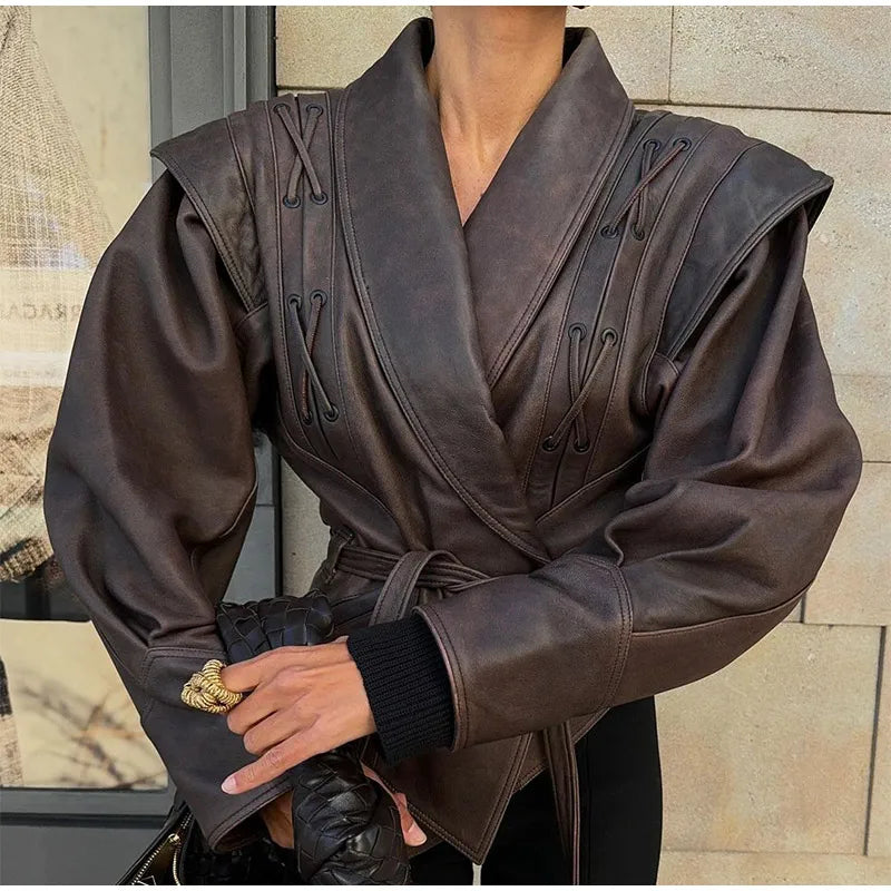 Aya | Veste vintage en cuir PU pour femme avec col à revers