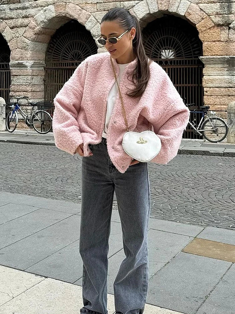 Arvid | Veste décontractée en fourrure rose à col montant pour femme