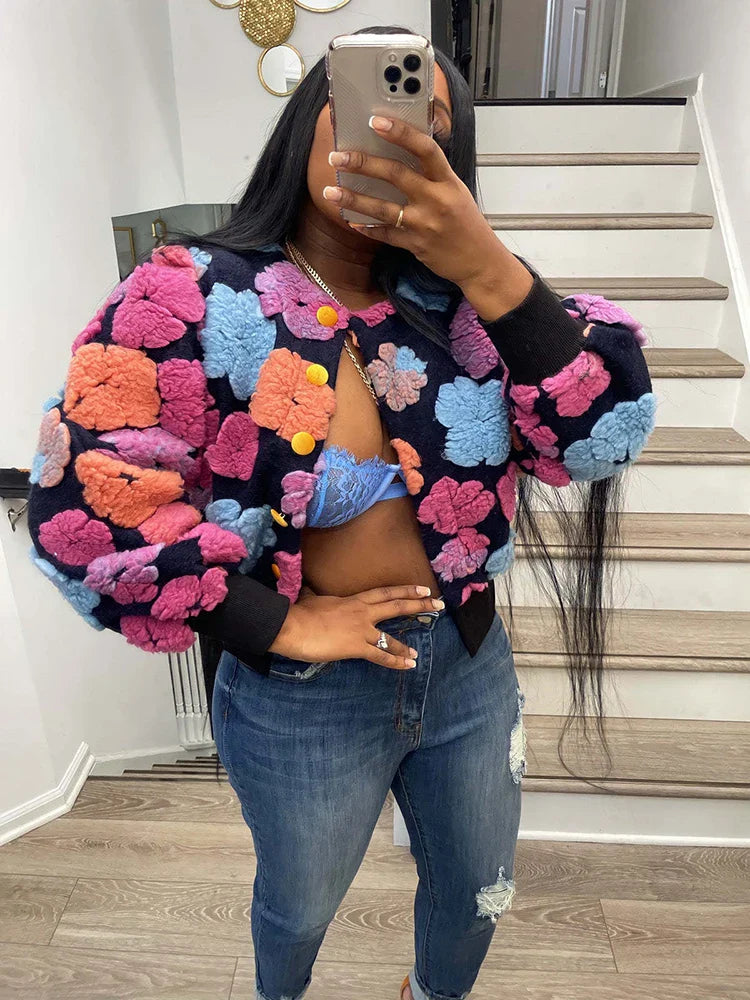 Toundra | Cardigan femme avec fleurs 3D et patte de boutonnage