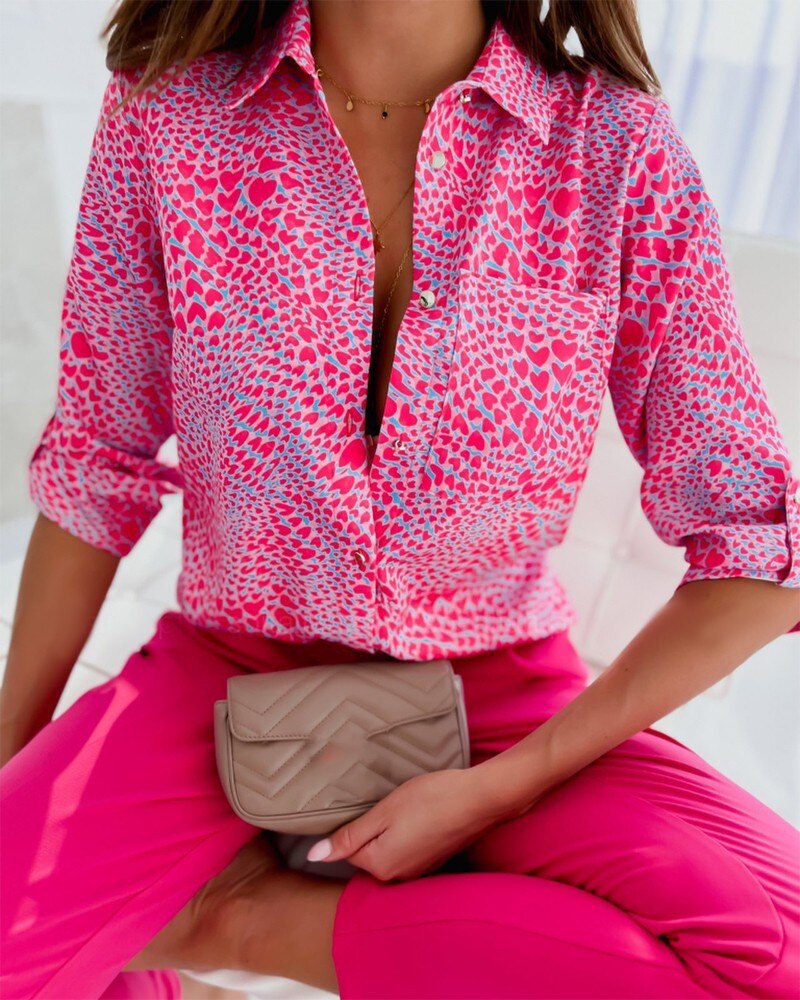 Chemises imprimées Bellachicha | Chemisier tendance à manches longues et patte de boutonnage