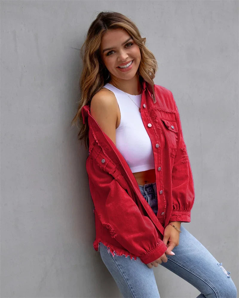 Anna® I Veste en jean à bords bruts, printemps, rose, orange, violet
