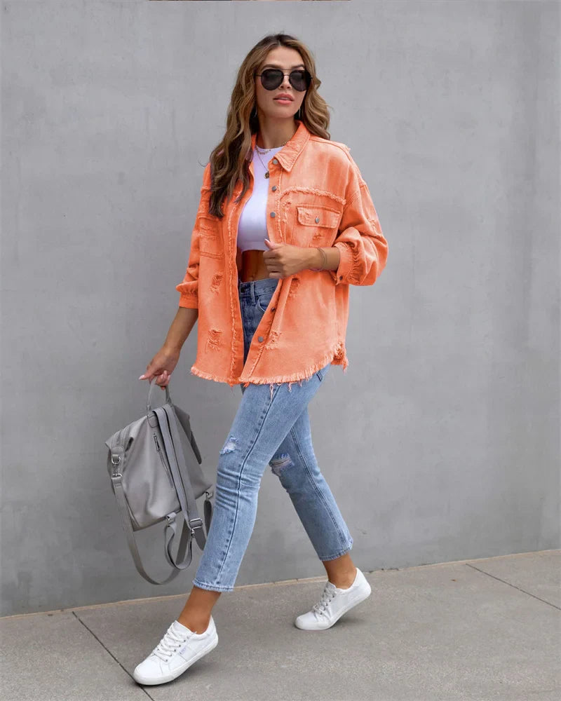 Anna® I Veste en jean à bords bruts, printemps, rose, orange, violet
