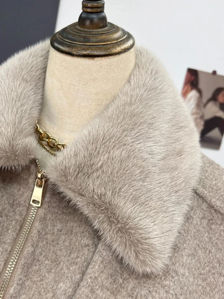 Wehlia | Veste d'hiver pour femme avec col et capuche en fourrure de vison véritable
