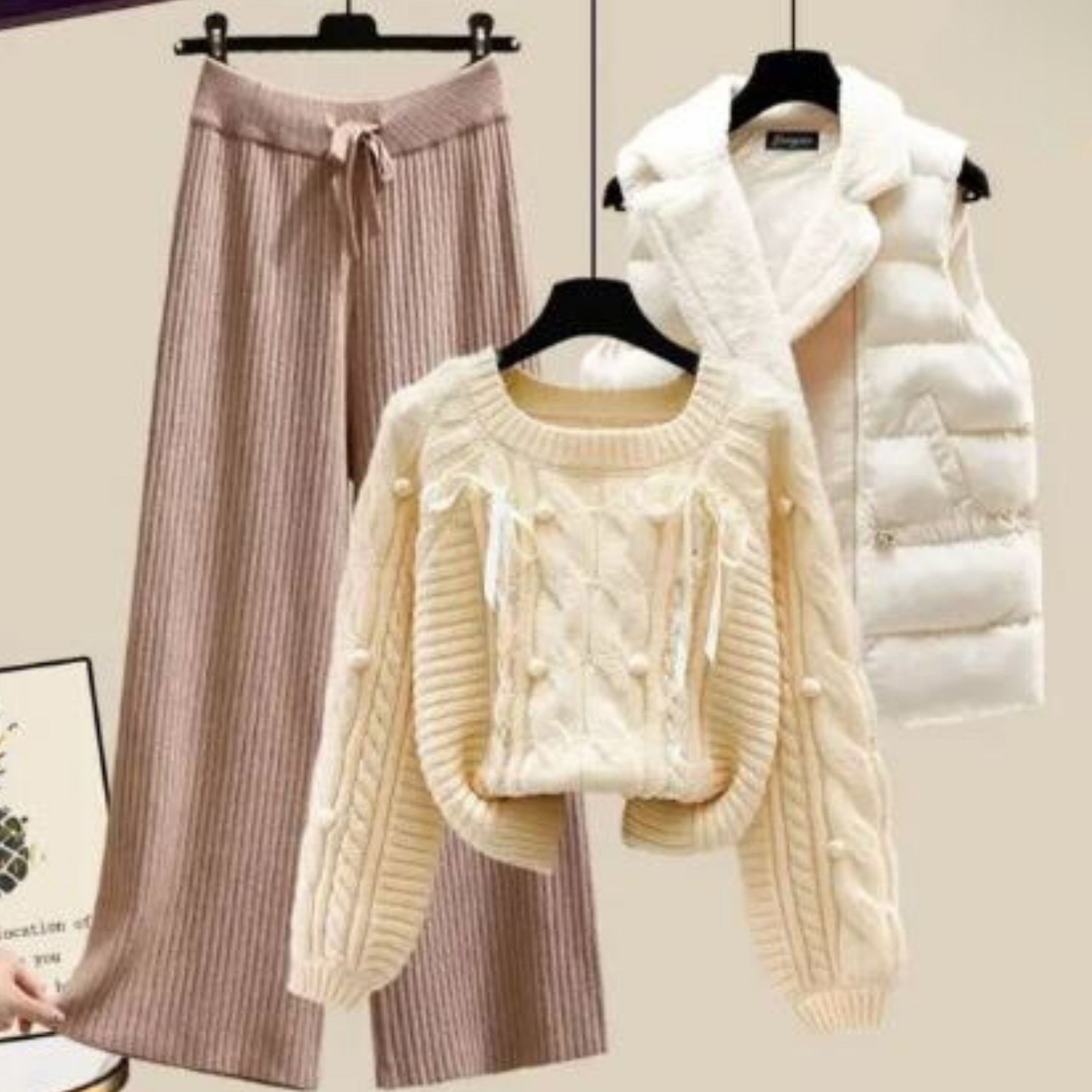 Widar | Ensemble trois pièces pour femme avec veste gilet, pull ample et pantalon large