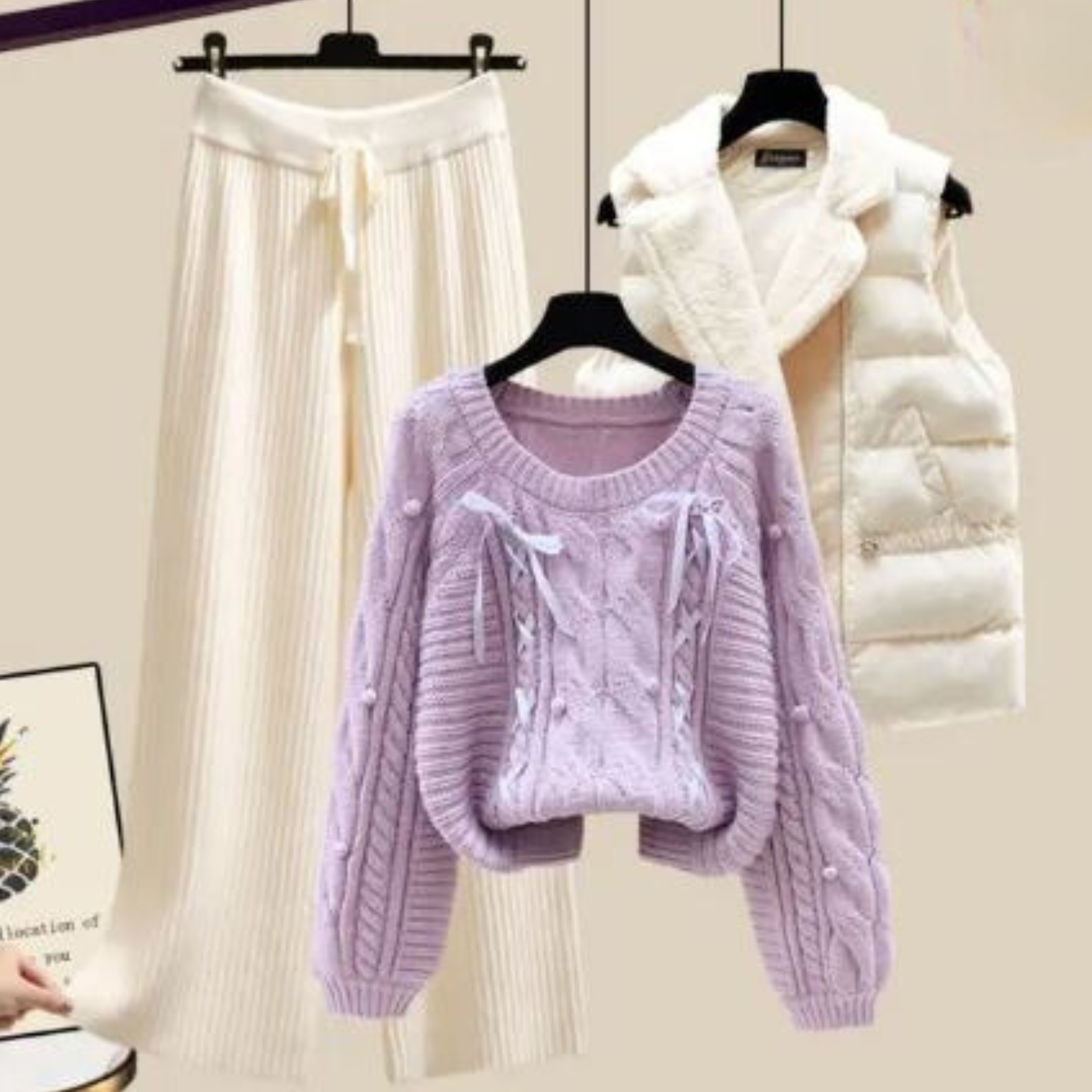 Widar | Ensemble trois pièces pour femme avec veste gilet, pull ample et pantalon large