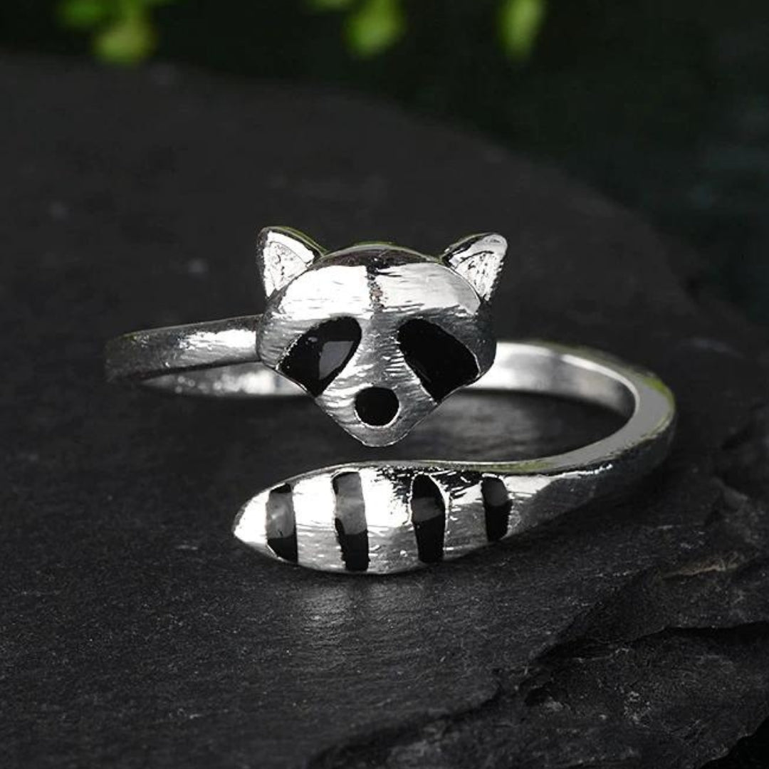 Bague réglable en forme de raton laveur en argent sterling 925
