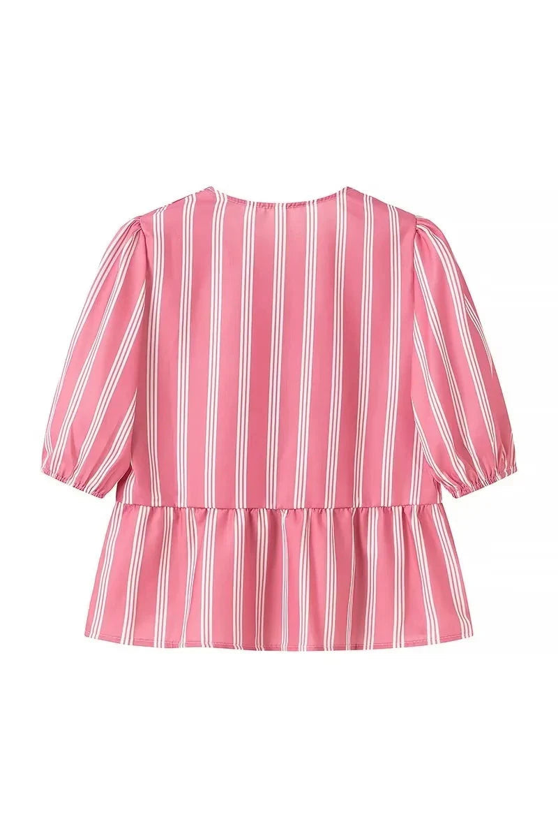 Gestreifte Bluse mit Puffärmeln, Schößchen und Fliege