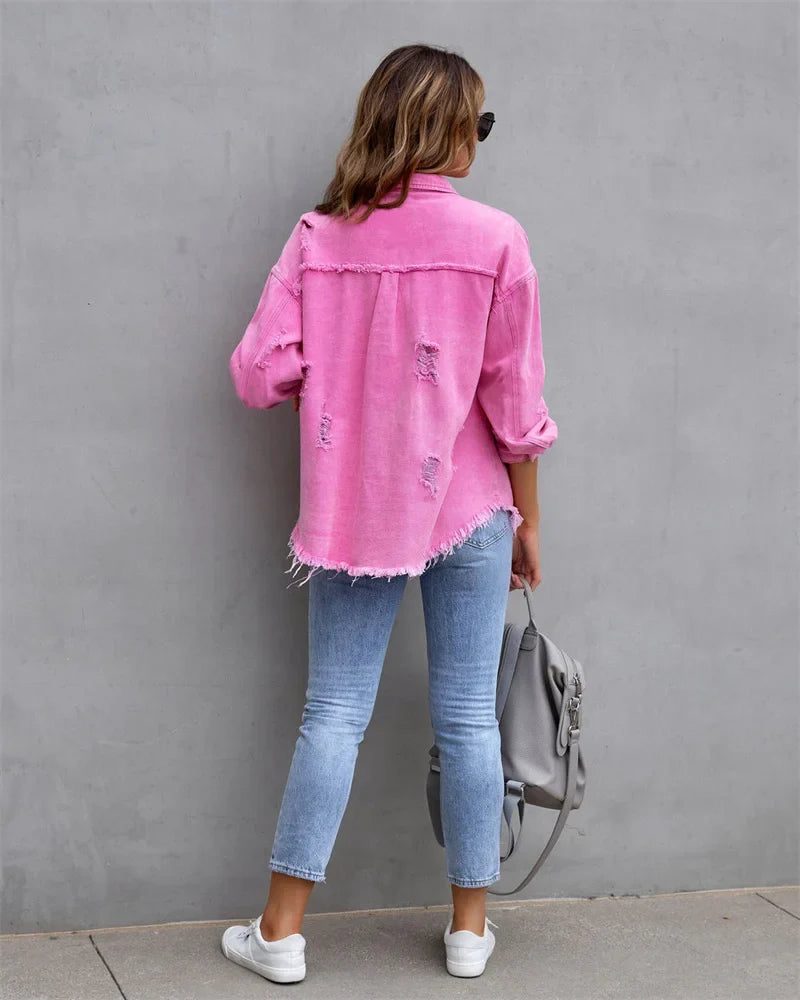 Anna® I Veste en jean à bords bruts, printemps, rose, orange, violet
