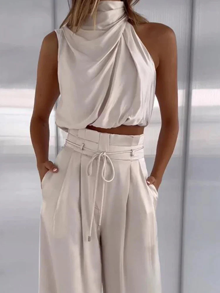 Riley I Beige zweiteilige Hosen-Sets, Seiden-Plissee-Textur-Hosen-Set