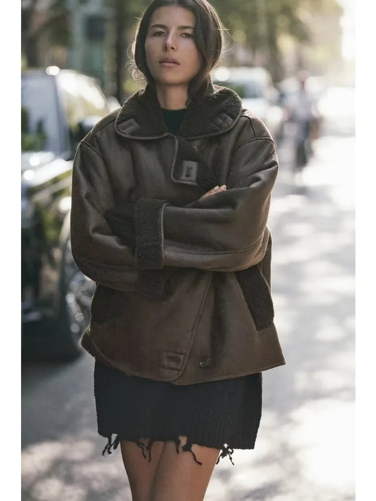 Veste en cuir chaude en laine