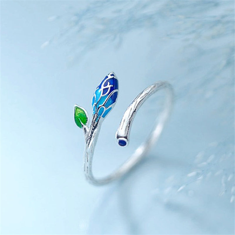 Bague feuille réglable avec émail bleu et vert sur argent sterling