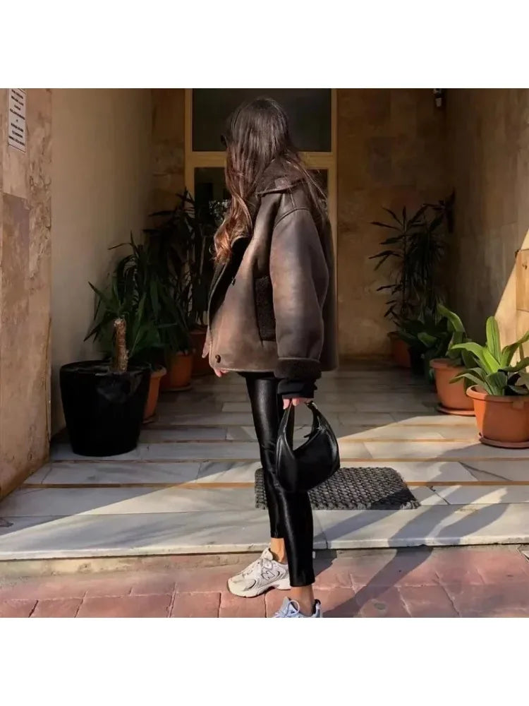 Veste en cuir chaude en laine