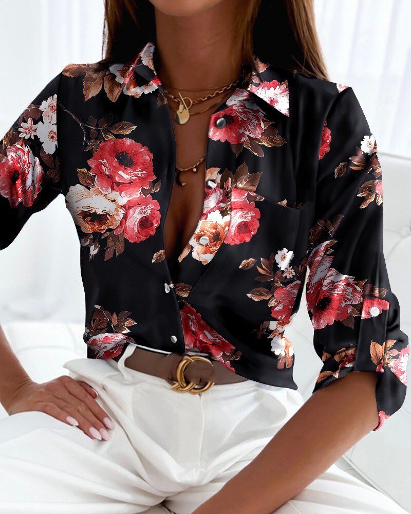 Chemises imprimées Bellachicha | Chemisier tendance à manches longues et patte de boutonnage