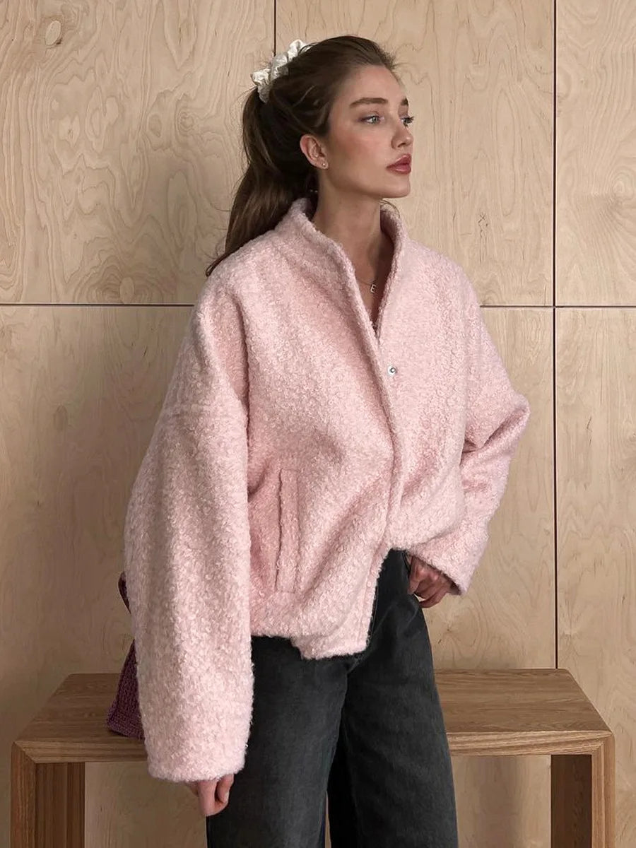 Arvid | Veste décontractée en fourrure rose à col montant pour femme