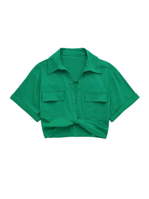 Bellachicha - Damen Vintage Kurzarm Leinen Crop Shirt