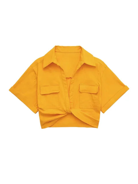 Bellachicha - Damen Vintage Kurzarm Leinen Crop Shirt