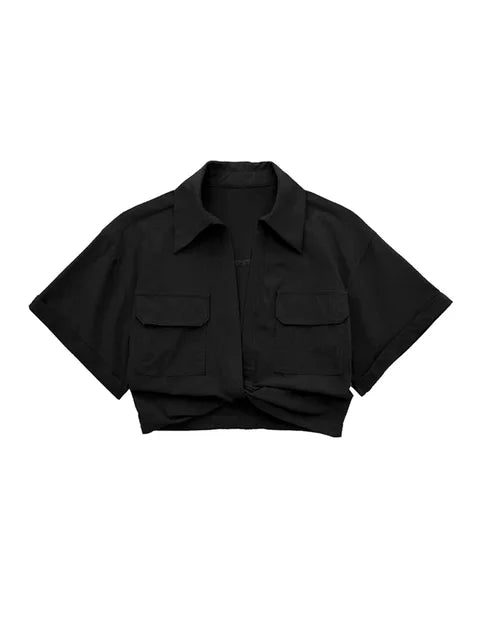 Bellachicha - Damen Vintage Kurzarm Leinen Crop Shirt