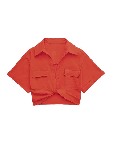 Bellachicha - Damen Vintage Kurzarm Leinen Crop Shirt