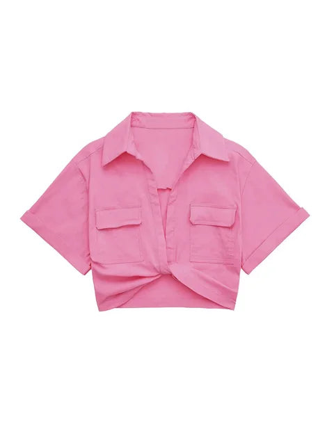 Bellachicha - Damen Vintage Kurzarm Leinen Crop Shirt