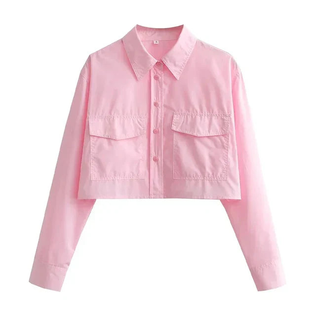 Chemise vintage en popeline pour femme avec poches