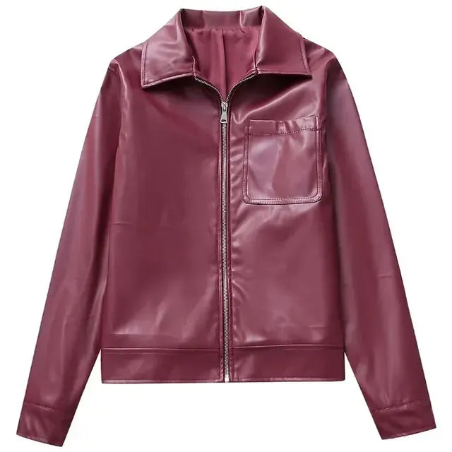 Veste en cuir avec fermeture éclair et poche poitrine pour l'automne/hiver